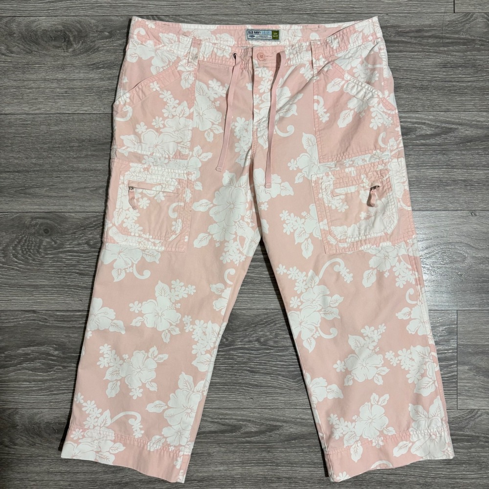 100% Cotton Old Navy Pink Hibiscus Floral Cargo Capri Pants‎ Low Waist Size 16